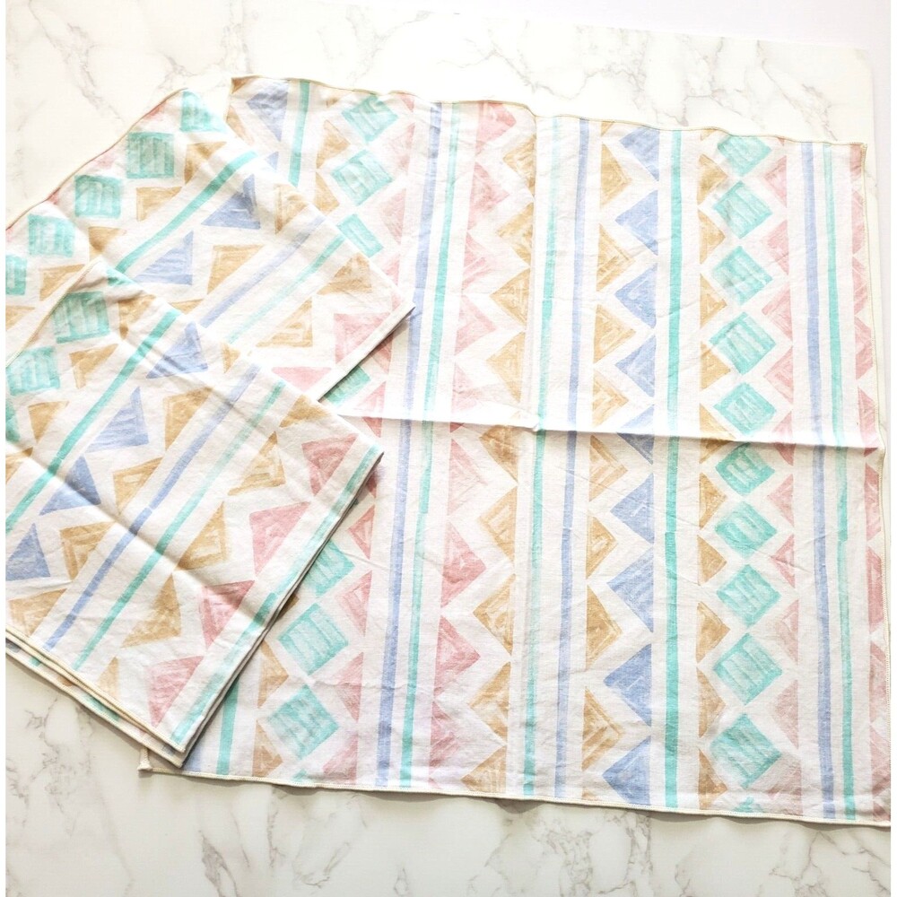 Vintage Napkin Set 3 Blue Southwest Pastel Adobe 17" Sq Serged Pink Blue Beige